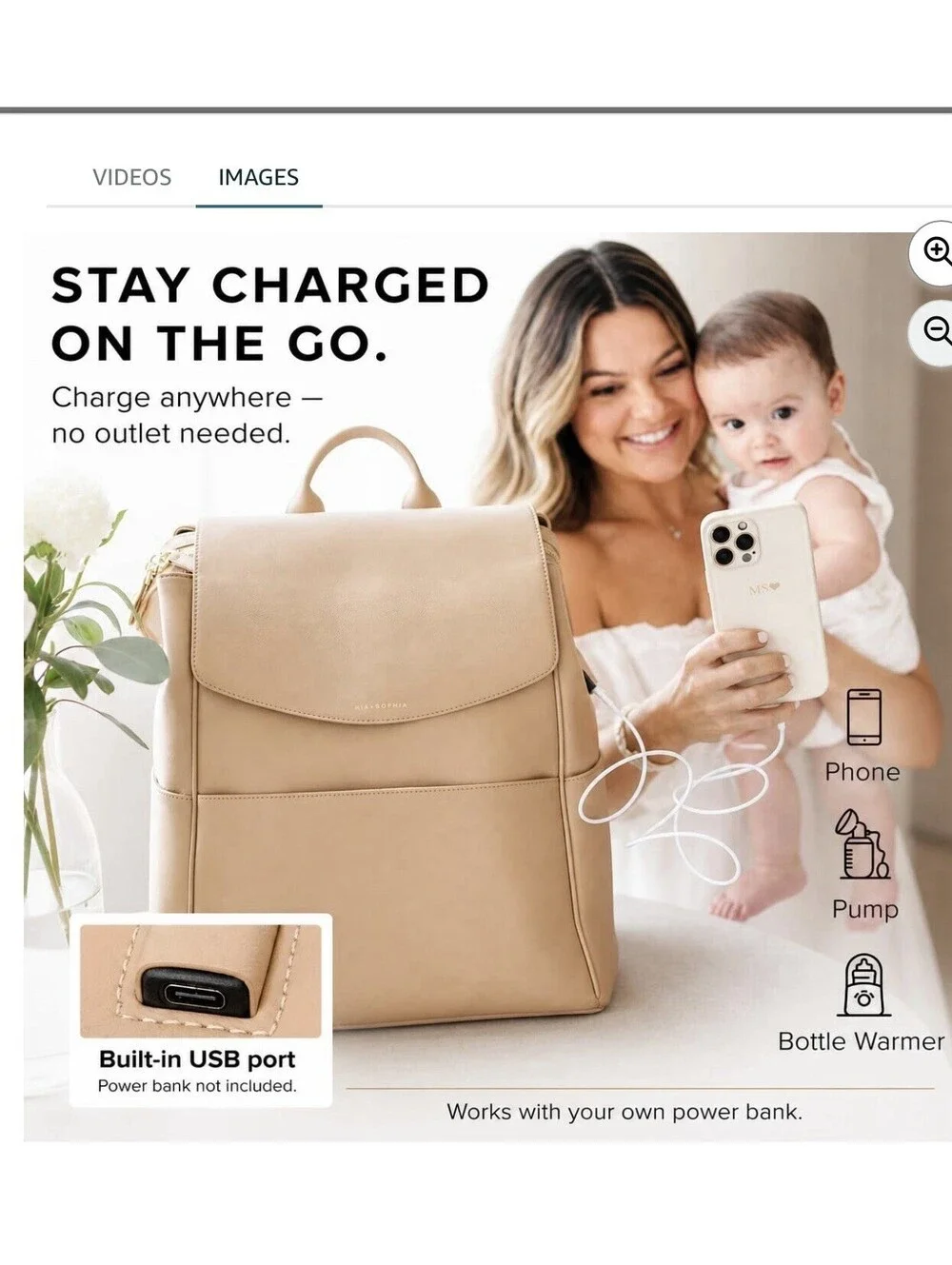 MIA + SOPHIA Tan Microfiber Leather Diaper Backpack w/ USB, Insulated Pockets
